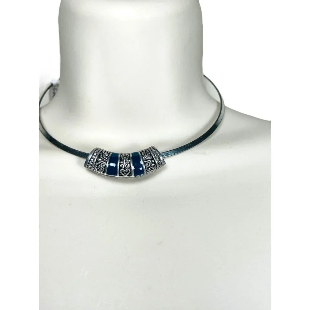 Tibetan Silver Filligree Sliding Pendant Charm Blue EnameL Necklace Choker VNTG - Picture 5 of 8